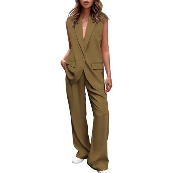 Sleeveless Blazer Set Wide Leg Pants Business Casual V Neck Vest Women - Picture 1 of 6